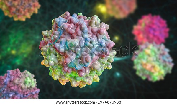 Adeno-associated viruses, 3D illustration. The\
smallest known viruses to infect humans, belong to the family\
Parvoviridae, are used for gene therapy, and for creation of\
isogenic human disease\
models