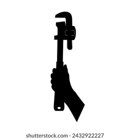 Adjustable plumber wrench, pipe wrench in hand, icon tool, black silhouette isolated on white background. Flat design. Instrument for repair. Symbol of mechanic work, logo.  illustration Eps 10. - Powered by Shutterstock