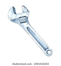 Adjustable wrench with a silver metallic finish and an open-jaw design. Watercolor clipart of the workshop tool, perfect for automotive branding, mechanical engineering design, or instructional guides - Powered by Shutterstock