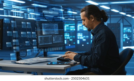 Admin in data center using augmented reality technology to do flow based programming, XR nodes interface. Server room worker looking at AR visualization hologram, tracking network traffic - Powered by Shutterstock