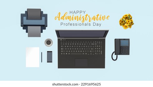 Administrative Professionals Day concept. Desk illustration on blue background. Top view. - Powered by Shutterstock