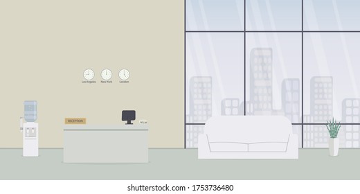 Administrator Workplace In Hotel Or Bank. Interior Of A Modern Reception Desk In The Waiting Room Or Lobby Of Business Office With View Of The Downtown In Large Windows .Raster Flat Illustration