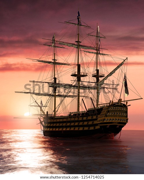 Admiral Nelson Flagship HMS Victory sailing\
into the sunset, 3d render\
illustration