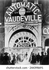 Adolph Zukor's 1903 penny arcade, Crystal Hall near Union Square, New York City. Zukor had actors recite dialogue in synchronization with short silent movies.