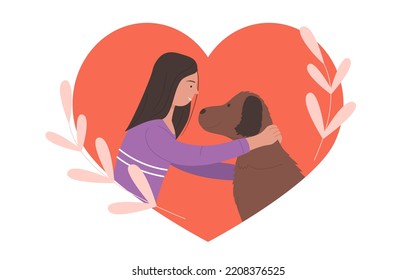 Adopt Dog, Happy Woman And Doggy Friend Illustration. Cartoon Young Girl Pet Owner Character And Funny Puppy Inside Pink Heart, Adoption, Love And Friendship With Domestic Animal Isolated