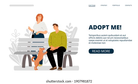 Adopt Me Landing Page. Pets Adoption Banner. Cartoon Couple And Dog Characters