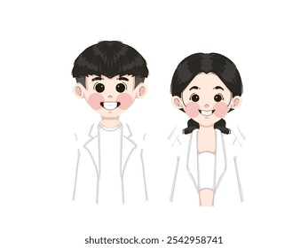 Adorable cartoon of a smiling bride and groom in white outfits. The groom and the bride wears a gown with a veil and pigtails. Perfect for wedding and celebration designs. - Powered by Shutterstock