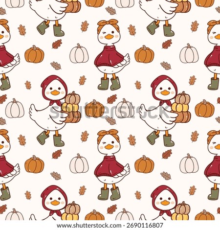 Adorable Duck Seamless Pattern with Pumpkins and Cozy Fall Dress