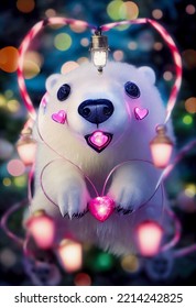 Adorable Female Polar Bear With Lanterns. Christmas Scene. 3D Render. Bokeh. Cinematic. Modern Animation. Detailed Fur.