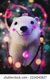 Adorable Female Polar Bear With Lanterns. Christmas Scene. 3D Render. Bokeh. Cinematic. Modern Animation. Detailed Fur.