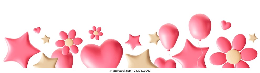 Adorable Its a Girl themed footer design featuring pink hearts, flowers, stars, and balloons. Perfect for baby shower invitations, birth announcements, and celebrations. Bottom border. 3D Illustration - Powered by Shutterstock