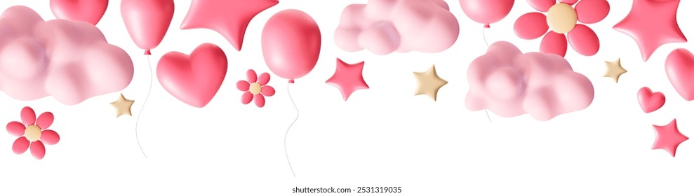 Adorable Its a Girl themed header design featuring pink hearts, flowers, stars, and balloons. Perfect for baby shower invitations, birth announcements, and celebrations. Top border. 3D Illustration - Powered by Shutterstock