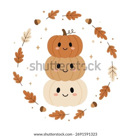 Adorable Kawaii pumpkin stack surrounded by a wreath of acorns and oak leaves. Cute vector design in earth tones for Fall season apparel, Thanksgiving decor, and seasonal greeting cards.