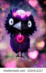 Adorable Raven Wearing A Neon Pendant. 3D Render. Pink Heart Shaped Bokeh. Cinematic. Modern Animation. Christmas Scene. Detailed Fur.