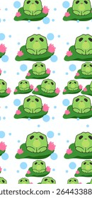 Adorable seamless pattern featuring cartoon frogs sitting on lily pads surrounded by flowers and water bubbles.