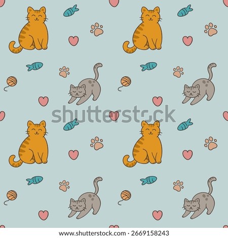 Adorable seamless pattern featuring orange and gray cartoon cats, paw prints, fish and hearts on a light blue background. Perfect for kids’ products, textiles, wallpapers, wrapping paper, and pet-them