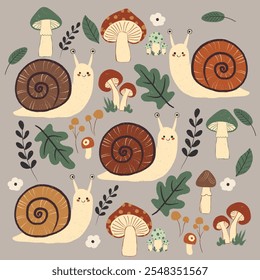 Adorable seamless pattern featuring smiling snails, mushrooms, leaves, and flowers on a soft beige background. Perfect for nature-inspired designs, kids’ illustrations, and whimsical decor.