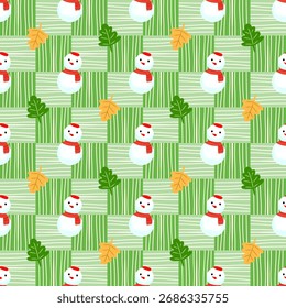 Adorable seamless pattern featuring smiling snowmen with red scarves and autumn leaves on a green striped background. Great for winter decoration, fabric, holiday wrapping paper, or Christmas products