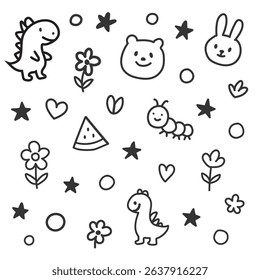 Adorable seamless pattern with hand drawn doodle characters including cute dinosaurs, a bunny, a bear, a caterpillar, watermelon slice, flowers, hearts, stars, and leaves.