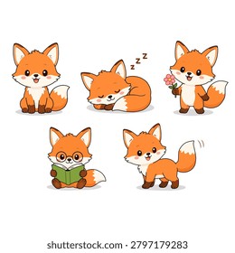 Adorable vector set of 5 cute kawaii fox cub cartoon illustrations. Includes sitting fox, sleeping fox with ZZZ, reading book with glasses, holding pink flower, and waving with wagging tail. Flat cartoon style with big eyes, pink cheeks, fluffy orange fur with white chest and tail tip, and clean black outlines. Perfect for woodland animal themes, forest wildlife concepts, children’s education, back to school, spring designs, bedtime themes, and sticker bundles. Isolated on white background with transparent PNG available. Great for clipart packs, nursery decor, kids’ apparel, greeting cards, printables, and educational resources about animals and daily activities.
