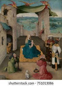 LA ADORACIÓN DEL MAGI, por Hieronymus Bosch, 1475, Holanda, pintura renacentista septentrional. El Adour of the Magi se presenta en un marco escénico con una cortina colocada en alto por ángeles.
