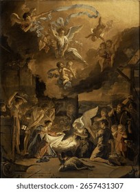 The Adoration of the Shepherds (1663) by Abraham Danielsz Hondius. Religious scene in vintage painting. Beautiful vintage religious artwork. Jesus in Christian painting.