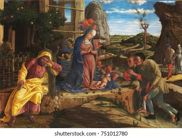ADORATION OF THE SHEPHERDS, by Andrea Mantegna, 1450-70, Italian Renaissance tempera painting. The detailed depiction of the scene and the landscape background were admired by Borso dEste, duke of Fer
