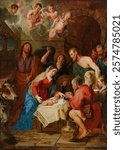 The Adoration of the Shepherds (c. 1640 - c. 1650) by Gaspar de Crayer. Vintage Christianity art drawing illustration, old painting art print. Christianity and faith concept artwork.