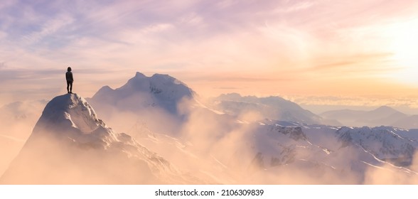 Adult adventurous woman standing on top of a snow peak. Winter Wonderland. 3d rendering mountain adventure artwork. Aerial landscape from British Columbia, Canada. Sunset Sky