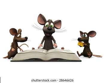 An adult cartoon mouse reading a story for two mice kids.