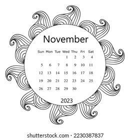 Adult coloring page with monthly calendar of 2023 year isolated on white background drawing doodles frame  - Powered by Shutterstock