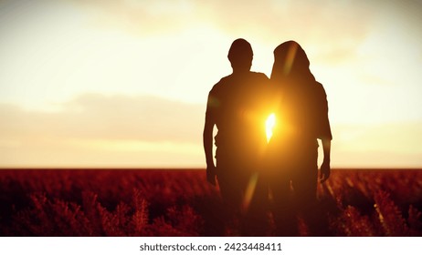 Adult Couple Embracing in Red Meadow with Sunlight in the Evening 3D Rendering Lover in Silhouette. - Powered by Shutterstock