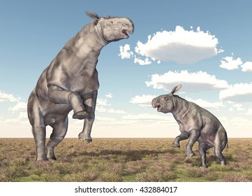 Adult Paraceratherium Baby Paraceratherium Computer Generated Stock ...