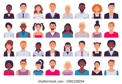 Adult People Avatars. Man In Business Suit, Corporate Woman Avatar And Professional Person. Face Avatars Portrait, Multicultural Human Head Portraits. Isolated Icon Flat  Illustration Set