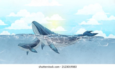 
Adult Whale With A Small Whale Swimming In The Ocean Against A Cloudy Sky Art Drawing On Watercolor Paper, Interior Photo Wallpaper