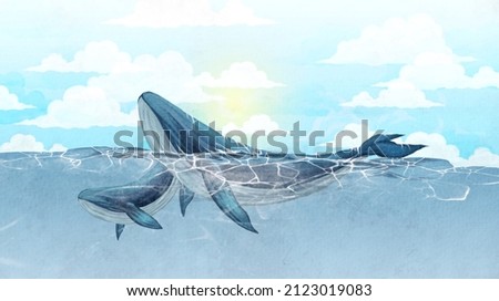 
adult whale with a small whale swimming in the ocean against a cloudy sky art drawing on watercolor paper, interior photo wallpaper
