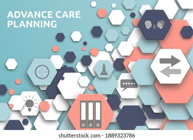 Advance Care Planning. Illustration Banner With Icons Of Keywords. Discussion, Reflection, Clarification, Documentation, Review. 
