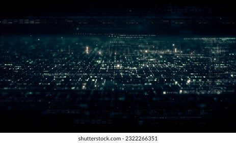 Advance data matrix, telemetry and encrypt numbers simulation user interface display in cyber space abstract de-focus environment background