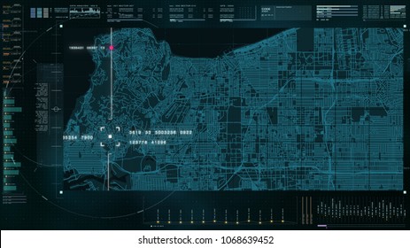 Advance motion graphic futuristic user interface head up display screen with digital city map data telemetry information display for digital background computer desktop display screen