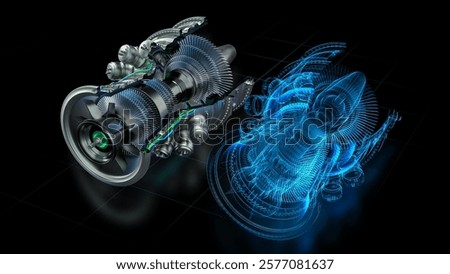 Advanced 3D Turbine Engine Concept With Digital Twin Visualization. Components Integrate With Projections. Sustainable Technology and Design. Technical Concept High Tech Clean Energy Engineering.