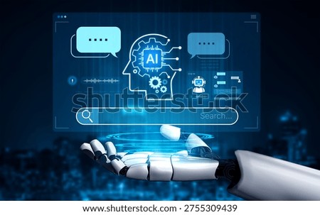Advanced AI cognitive computing concept with human brain and AI gear integration, featuring smart AI search and interactive virtual AI assistant interface for business intelligence. Corpus