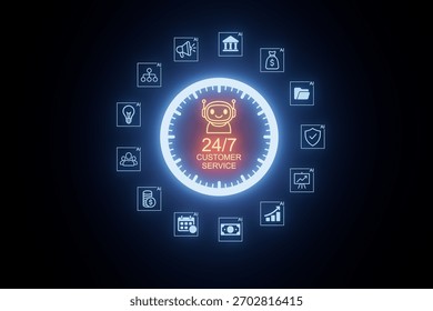 Advanced artificial intelligence concepts are displayed, showcasing various icons related to customer service functionality. This setup emphasizes continuous support and efficiency.
