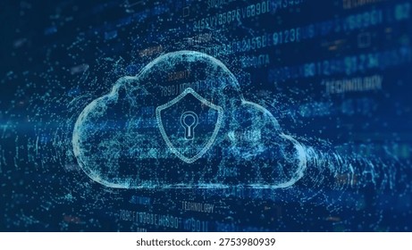 Advanced Cloud Security Concept Featuring a Digital Shield and Keyhole Over a Data Network Background