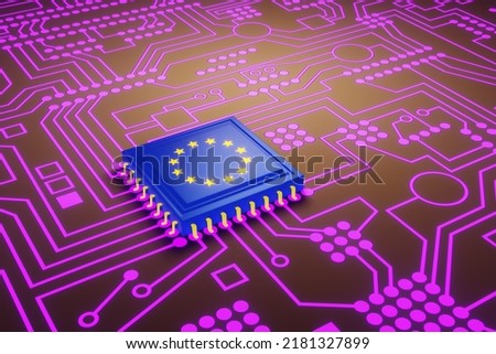 An advanced CPU printed with an European Union flag on a neon glowing electronic circuit board. 3D illustration of the concept of EU made high-end micro chips. Foto stock © 