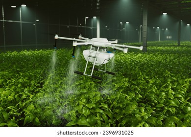 Advanced Drone Technology for Precision Fertilizer Spray in Greenhouse. 3D Illustration