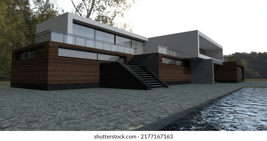 Advanced High-tech House With A Rooftop Terrace And An Interesting Swimming Pool. Facade Board And Black Brick Finish. A Good Idea For A Banner About Buying A Family Vacation Home Somewhere Quiet. 3d 