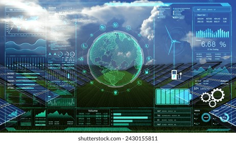 Advanced interface displaying renewable energy analytics with solar panels, wind turbine, and a digital globe, highlighting sustainable energy management. 3d rendering - Powered by Shutterstock