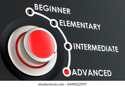 Advanced level, learning and improvement language concept with scale knob. 3D rendering