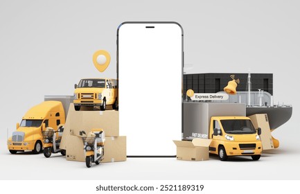An advanced logistics system featuring trucks vans scooters and cargo ships integrated with smartphone technology for efficient express delivery and package handling 3d rendering