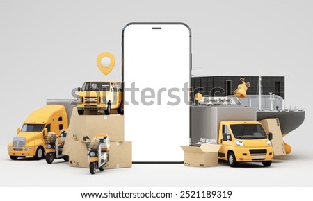 An advanced logistics system featuring trucks vans scooters and cargo ships integrated with smartphone technology for efficient express delivery and package handling 3d rendering